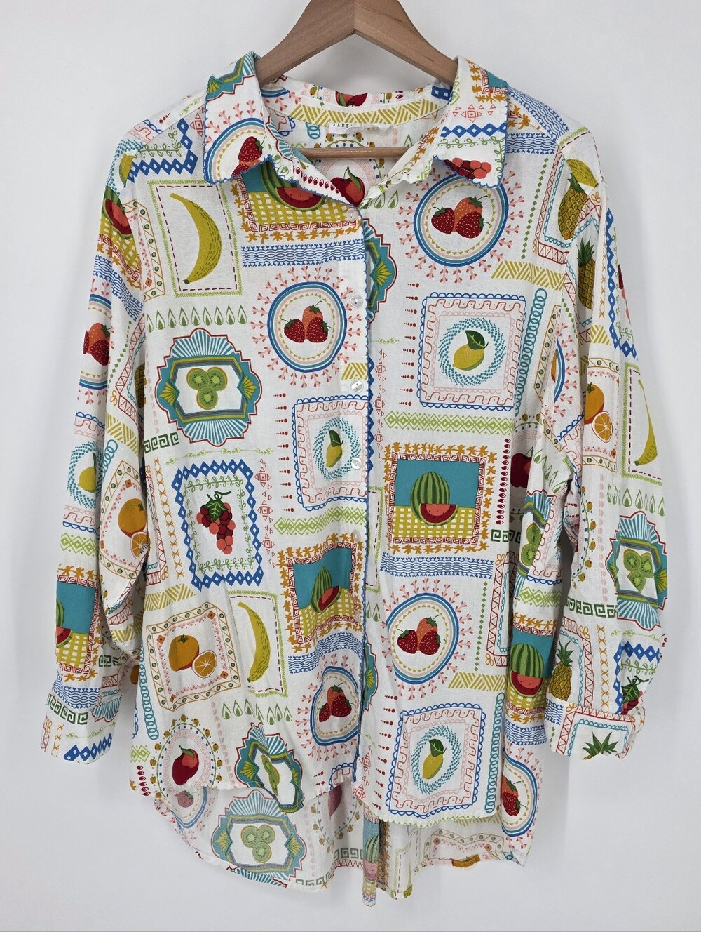 Jane + Delancey Linen Blend Fruit Print Button Front Top, Sz 2X